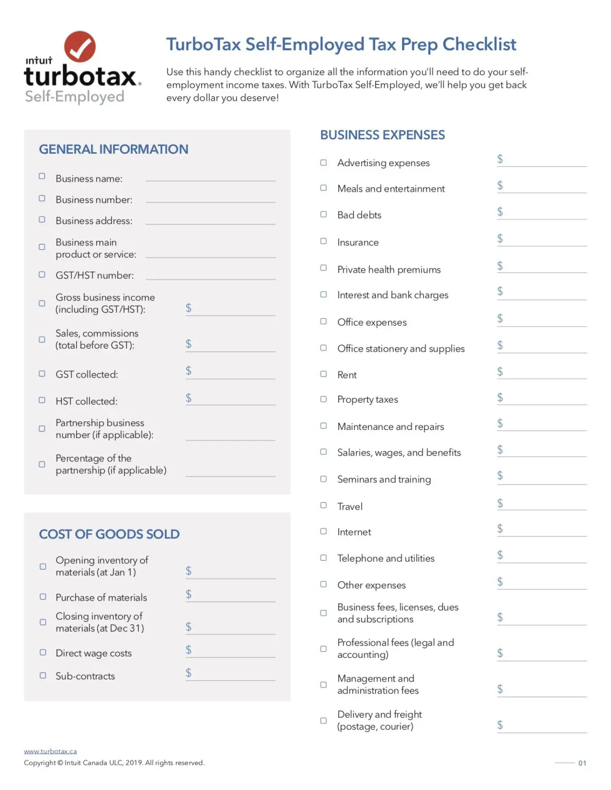 SelfEmployed Tax Prep Checklist Download 2022 TurboTax® Canada Tips